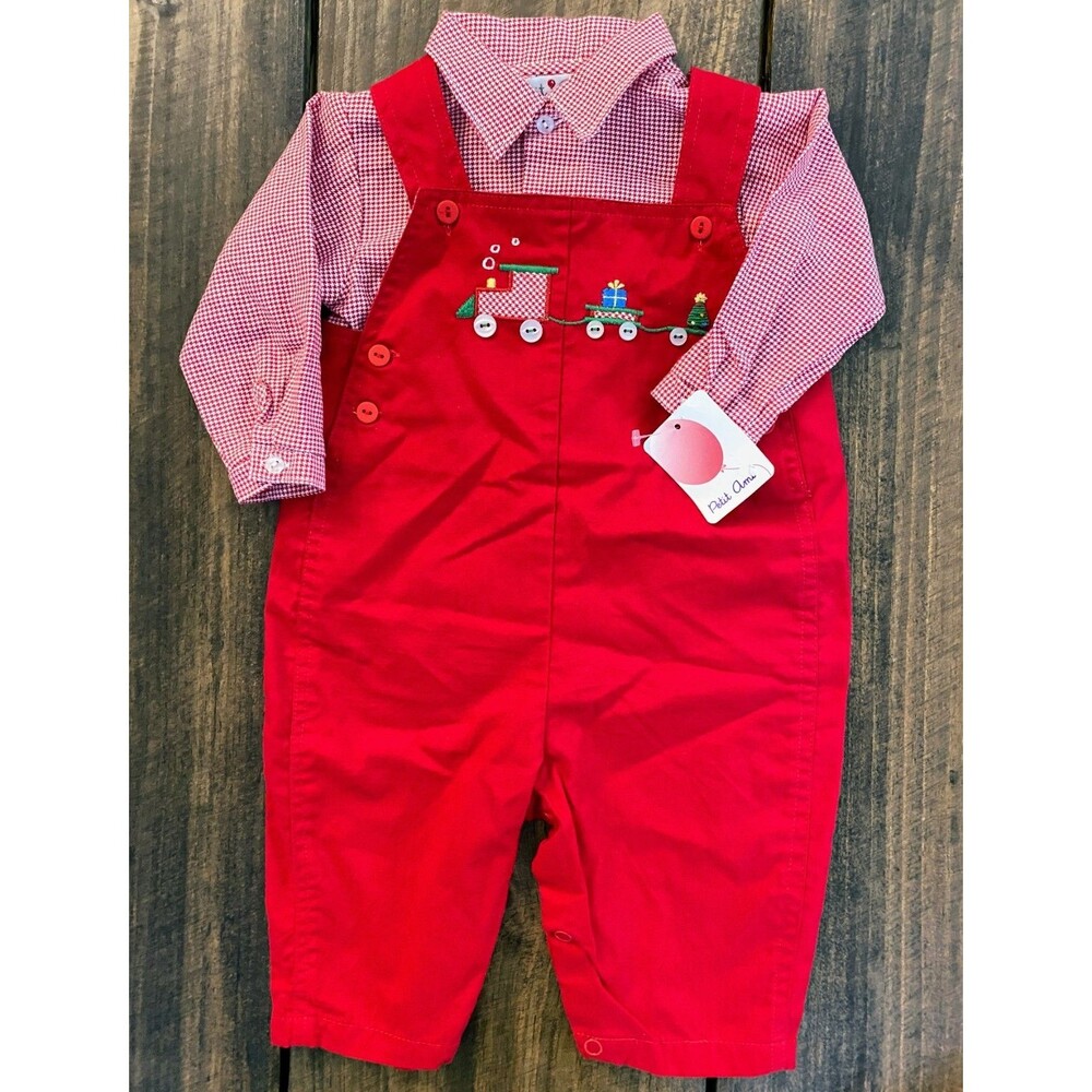 Petit Ami Boutique 2pc Christmas Train Red Overalls & Plaid Shirt Boys 6 mos New